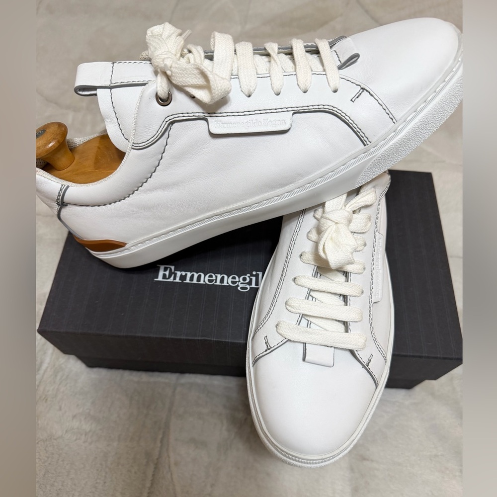 NEW! $500 Ermenegildo Zegna Ferrara White Leather Low Top Sneakers 12